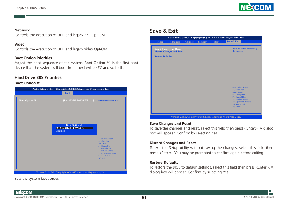 Save & exit, Hard drive bbs priorities | NEXCOM NISE 105 User Manual | Page 74 / 78