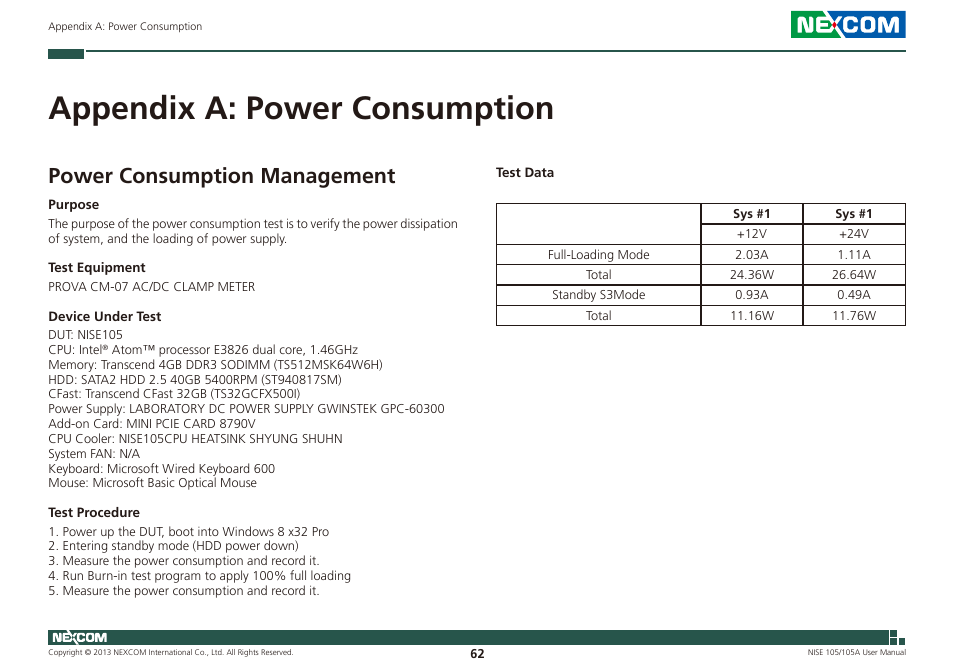 Appendix a: power consumption, Power consumption management | NEXCOM NISE 105 User Manual | Page 75 / 78