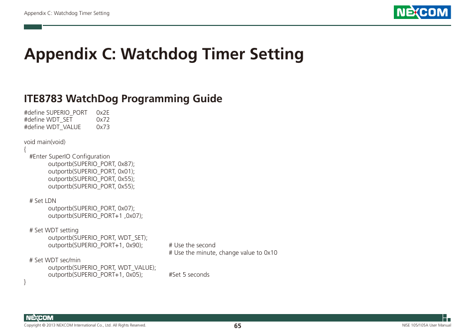 Appendix c: watchdog timer setting, Ite8783 watchdog programming guide | NEXCOM NISE 105 User Manual | Page 78 / 78