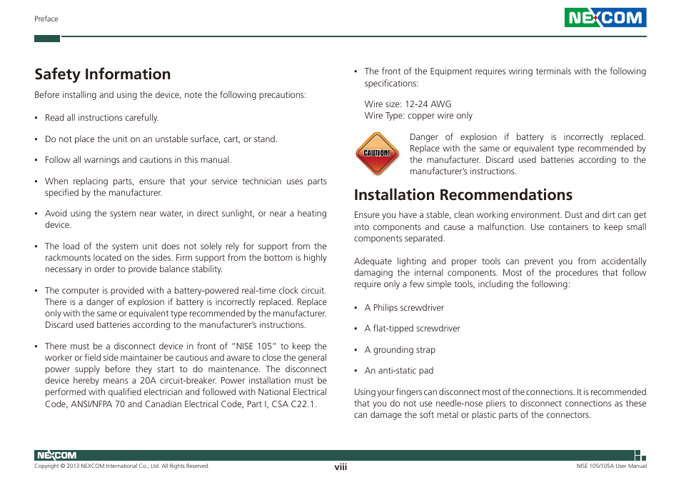 Installation recommendations, Safety information | NEXCOM NISE 105 User Manual | Page 8 / 78