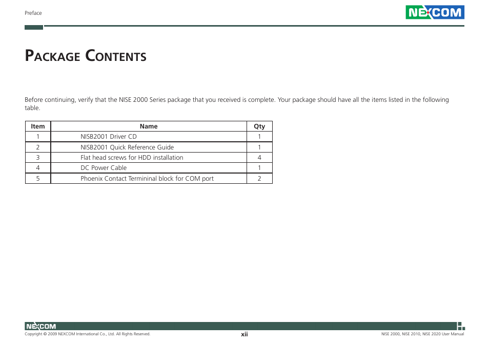 Ackage, Ontents | NEXCOM NISE 2000 User Manual | Page 12 / 84