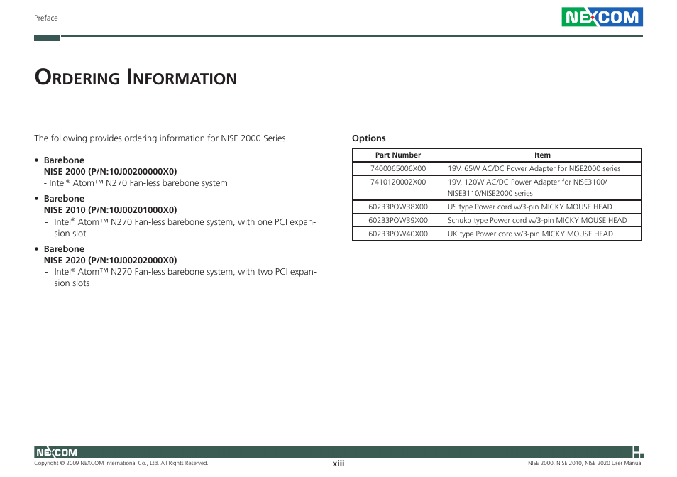 Rdering, Nformation | NEXCOM NISE 2000 User Manual | Page 13 / 84