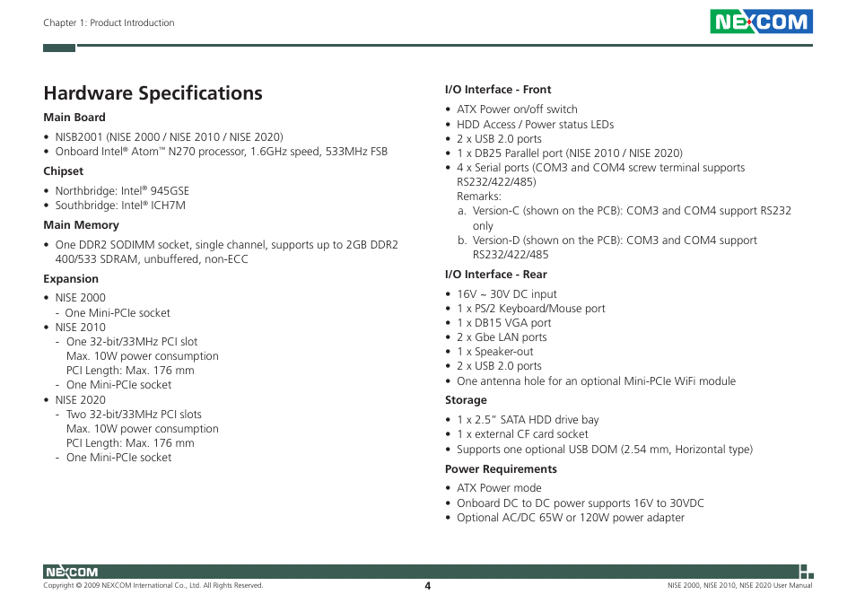 Hardware specifications | NEXCOM NISE 2000 User Manual | Page 17 / 84