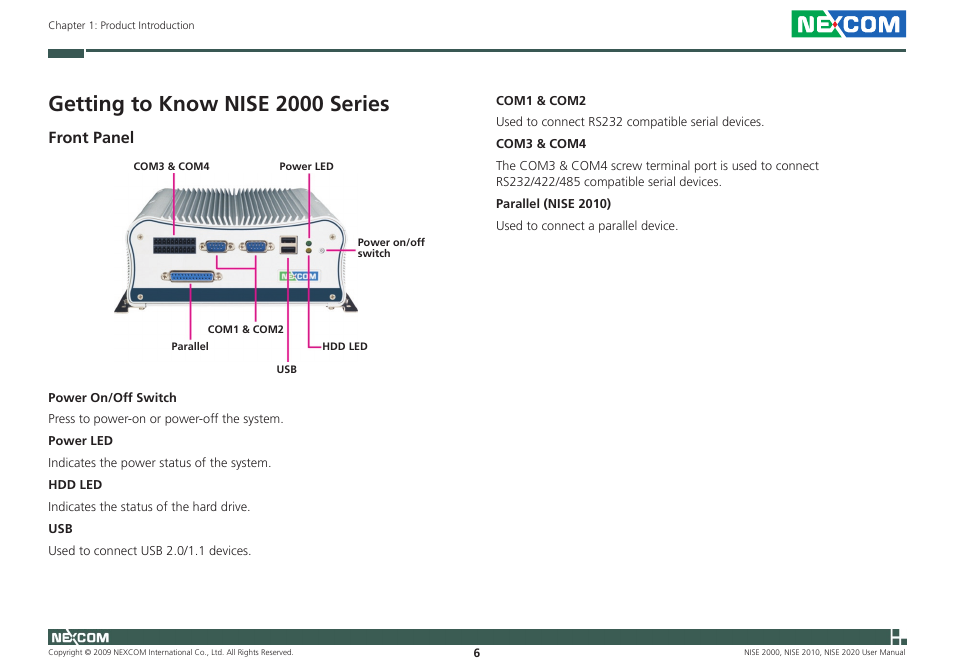 Getting to know nise 2000 series, Front panel | NEXCOM NISE 2000 User Manual | Page 19 / 84