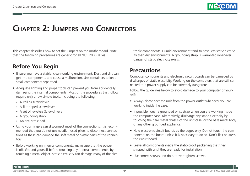 Hapter, Umpers, Onnectors | Before you begin, Precautions | NEXCOM NISE 2000 User Manual | Page 24 / 84