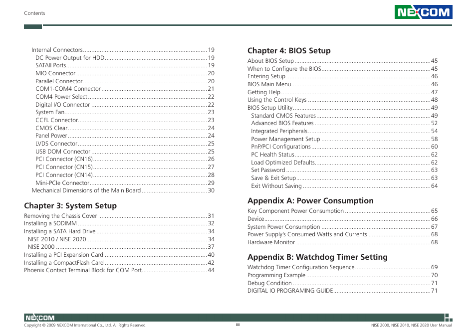 Chapter 3: system setup, Chapter 4: bios setup, Appendix a: power consumption | Appendix b: watchdog timer setting | NEXCOM NISE 2000 User Manual | Page 3 / 84