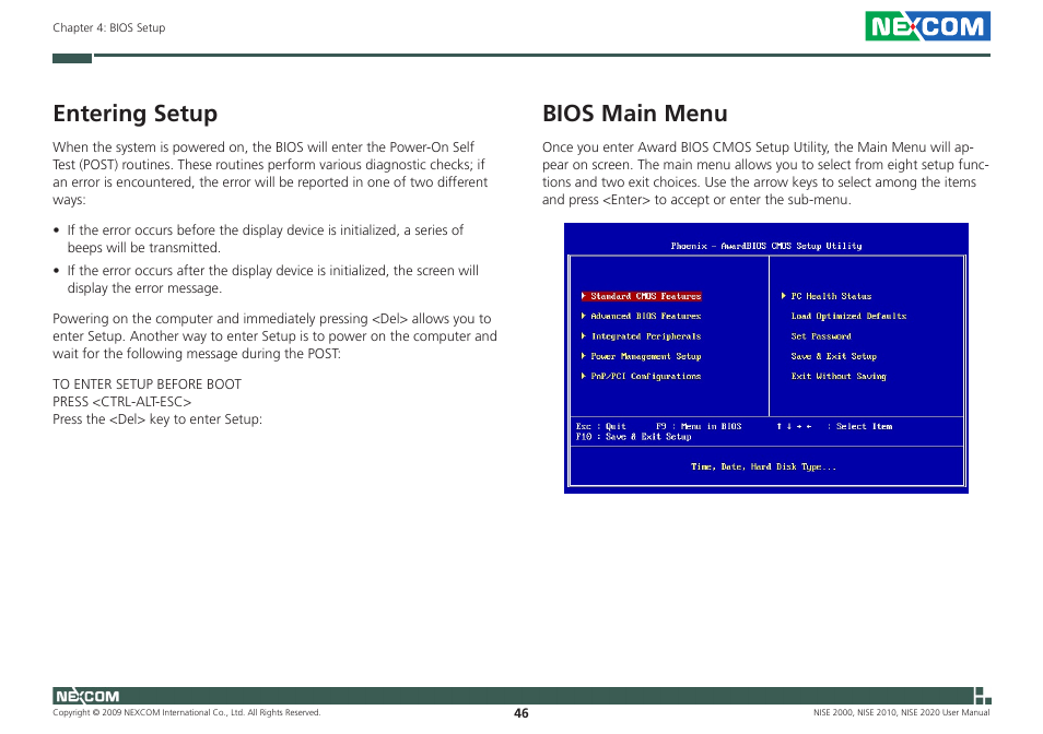 Entering setup, Bios main menu | NEXCOM NISE 2000 User Manual | Page 59 / 84