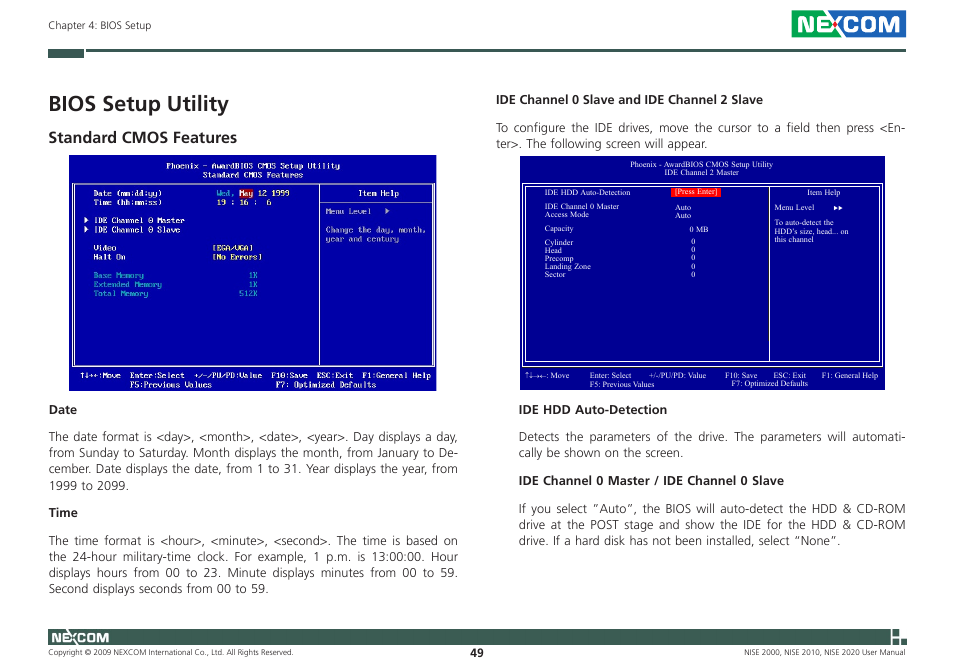 Bios setup utility, Standard cmos features | NEXCOM NISE 2000 User Manual | Page 62 / 84