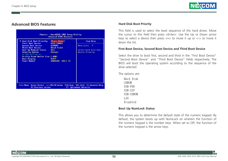 Advanced bios features | NEXCOM NISE 2000 User Manual | Page 65 / 84