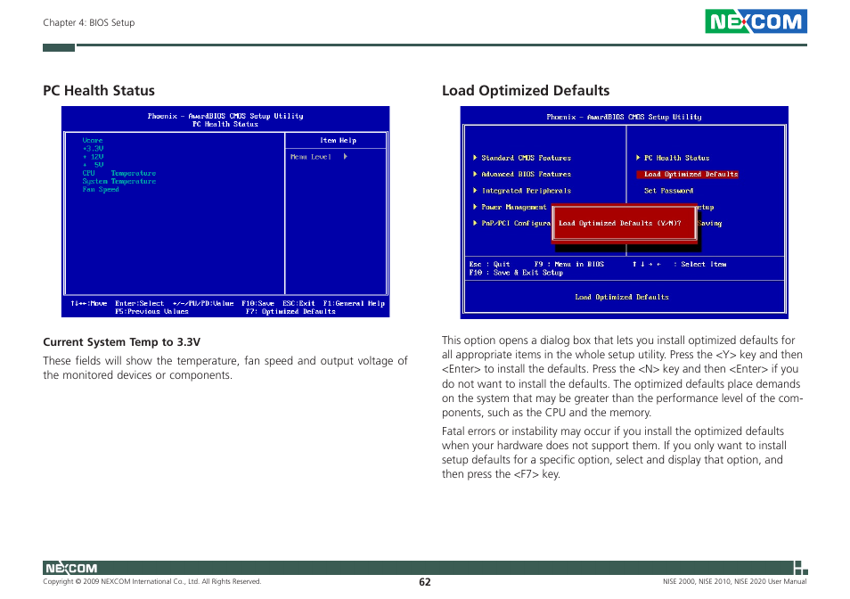 Pc health status, Load optimized defaults | NEXCOM NISE 2000 User Manual | Page 75 / 84