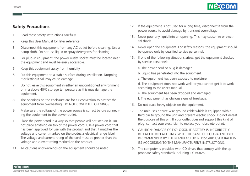 Safety precautions | NEXCOM NISE 2000 User Manual | Page 8 / 84