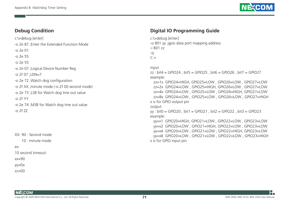 Debug condition, Digital io programming guide | NEXCOM NISE 2000 User Manual | Page 84 / 84