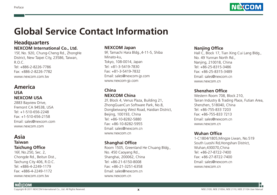 Global service contact information, Headquarters, America | Asia | NEXCOM NISE 2100 User Manual | Page 10 / 87