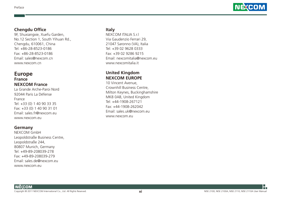 Europe | NEXCOM NISE 2100 User Manual | Page 11 / 87