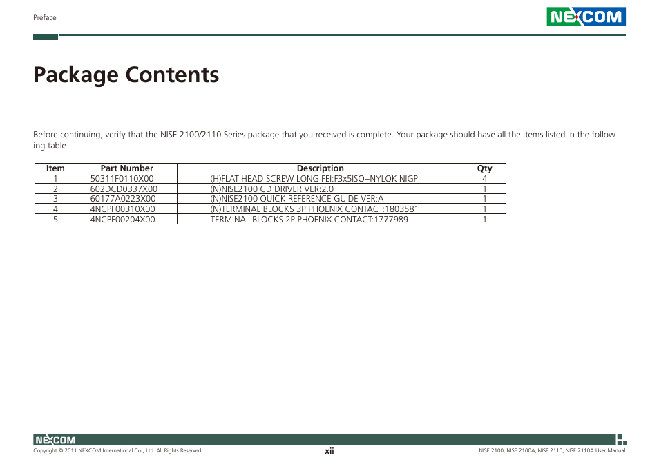 Package contents | NEXCOM NISE 2100 User Manual | Page 12 / 87