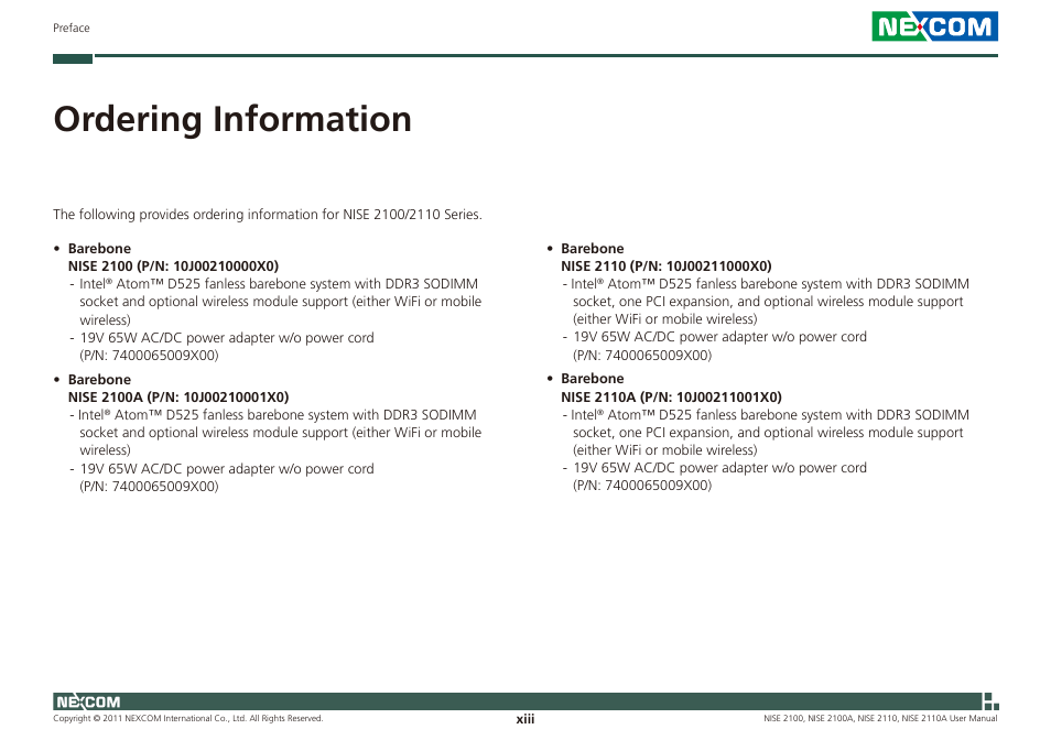 Ordering information | NEXCOM NISE 2100 User Manual | Page 13 / 87