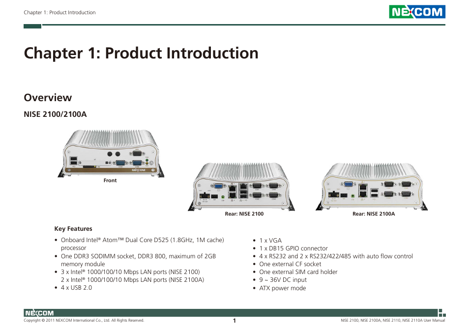 Chapter 1: product introduction, Overview | NEXCOM NISE 2100 User Manual | Page 14 / 87