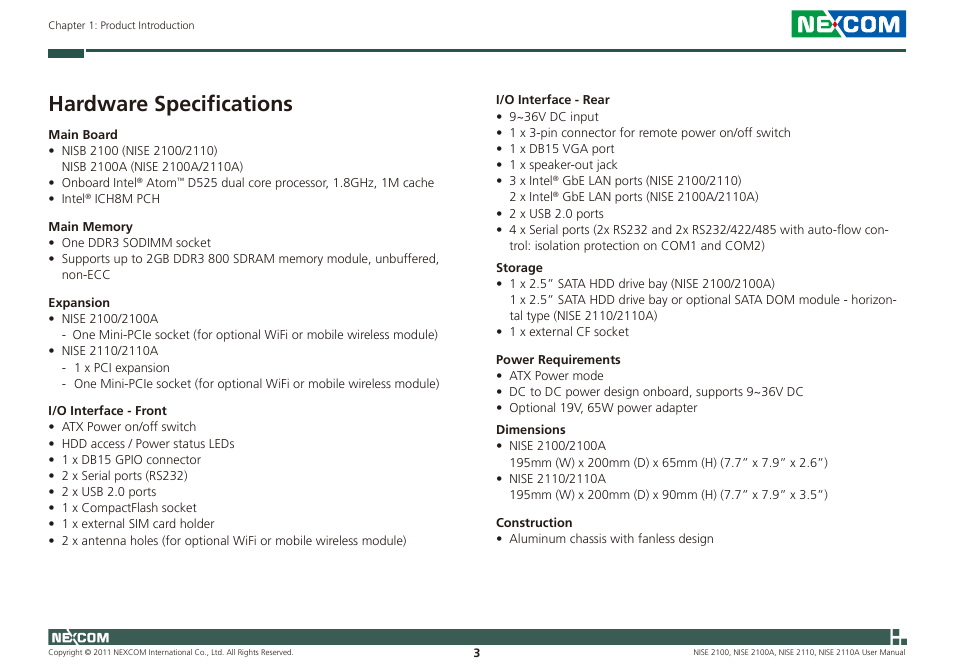 Hardware specifications | NEXCOM NISE 2100 User Manual | Page 16 / 87