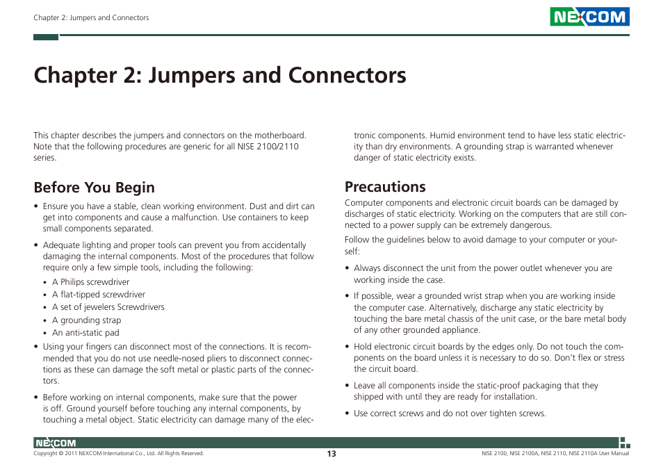 Chapter 2: jumpers and connectors, Before you begin, Precautions | NEXCOM NISE 2100 User Manual | Page 26 / 87