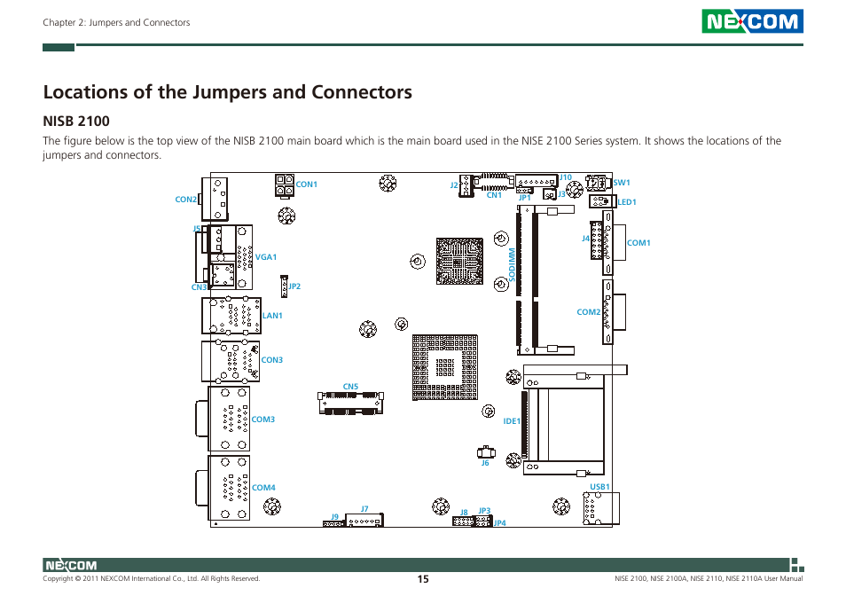 Locations of the jumpers and connectors, Nisb 2100 | NEXCOM NISE 2100 User Manual | Page 28 / 87