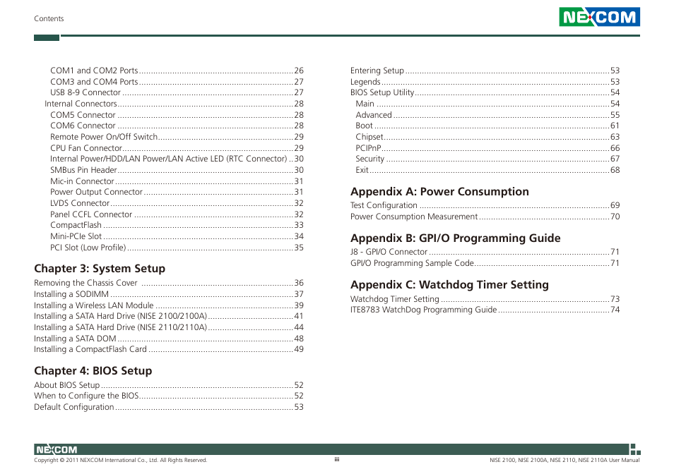 Chapter 3: system setup, Chapter 4: bios setup, Appendix a: power consumption | Appendix b: gpi/o pr ogramming guide, Appendix c: w atchdog timer setting | NEXCOM NISE 2100 User Manual | Page 3 / 87