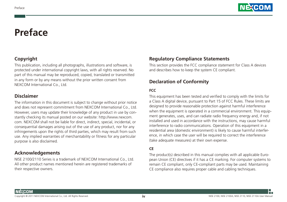 Preface | NEXCOM NISE 2100 User Manual | Page 4 / 87