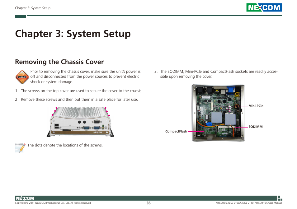 Chapter 3: system setup, Removing the chassis cover | NEXCOM NISE 2100 User Manual | Page 49 / 87