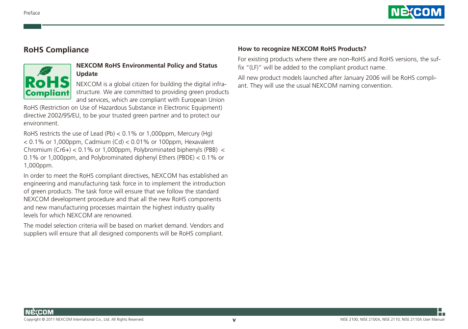 Rohs compliance | NEXCOM NISE 2100 User Manual | Page 5 / 87