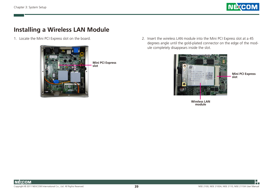 Installing a wireless lan module | NEXCOM NISE 2100 User Manual | Page 52 / 87