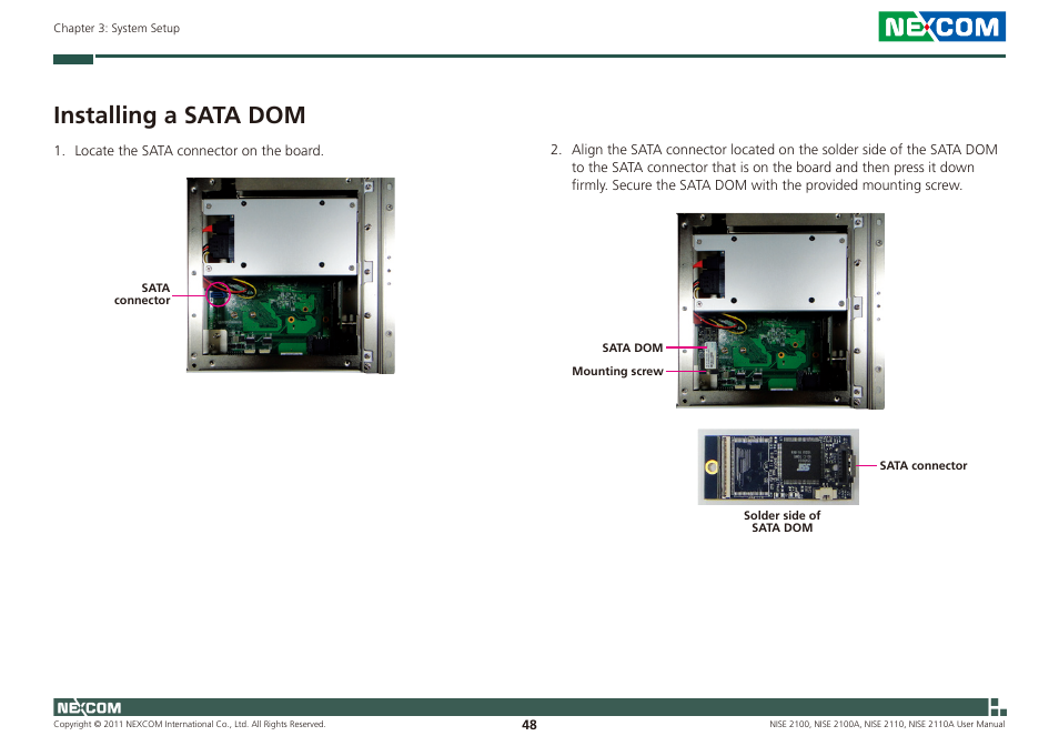 Installing a sata dom | NEXCOM NISE 2100 User Manual | Page 61 / 87