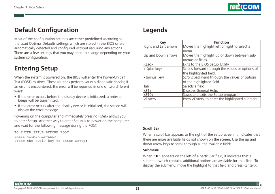 Default configuration, Entering setup, Legends | NEXCOM NISE 2100 User Manual | Page 66 / 87