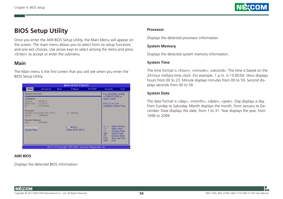 Bios setup utility, Main | NEXCOM NISE 2100 User Manual | Page 67 / 87