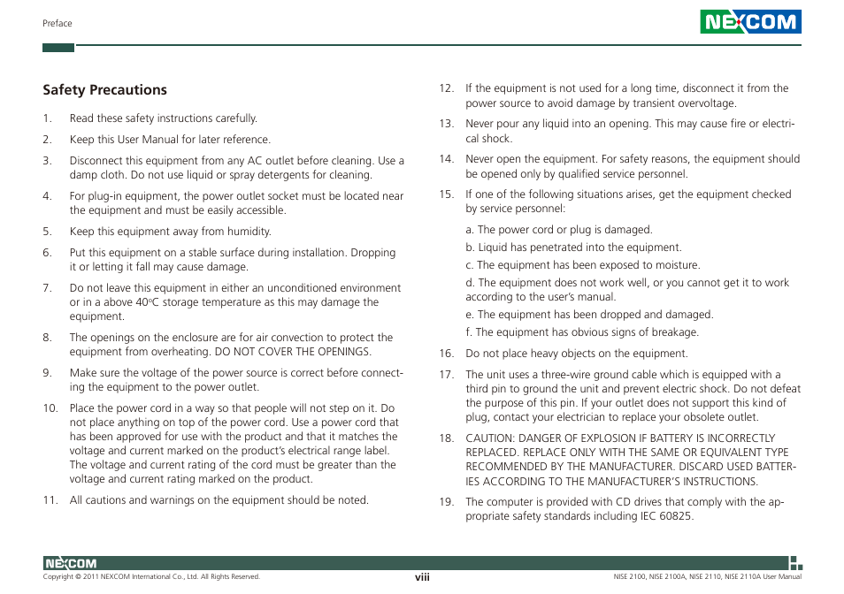 Safety precautions | NEXCOM NISE 2100 User Manual | Page 8 / 87