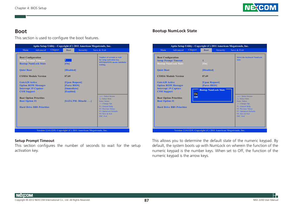 Boot, Bootup numlock state | NEXCOM NISE 2200 User Manual | Page 101 / 110