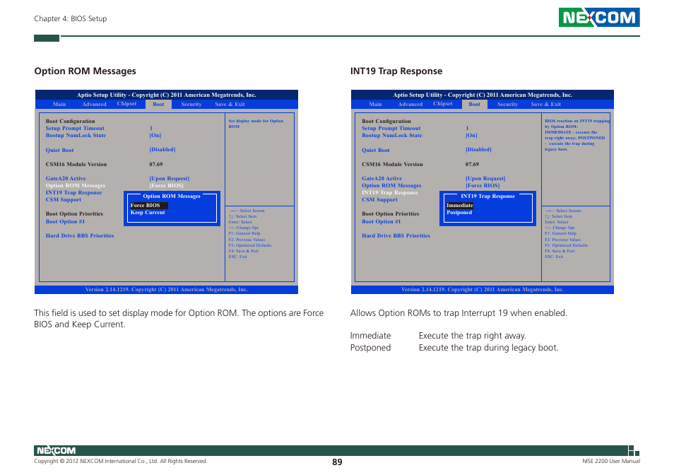 Option rom messages, Int19 trap response | NEXCOM NISE 2200 User Manual | Page 103 / 110