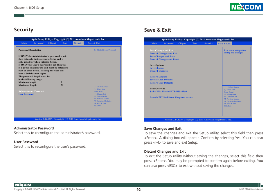 Security save & exit, Security, Save & exit | NEXCOM NISE 2200 User Manual | Page 106 / 110