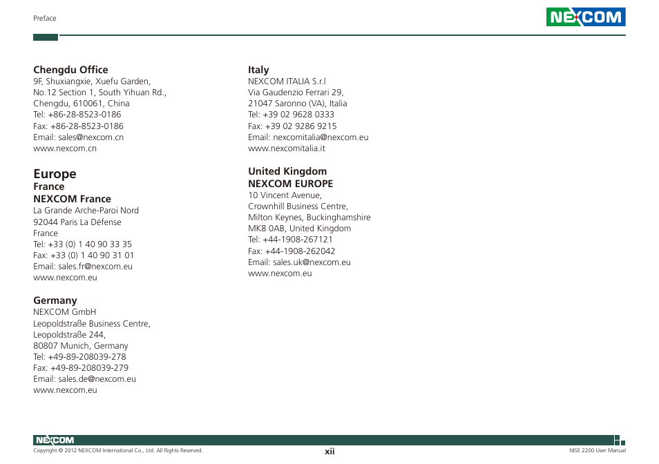 Europe | NEXCOM NISE 2200 User Manual | Page 12 / 110