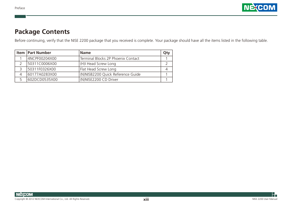 Package contents | NEXCOM NISE 2200 User Manual | Page 13 / 110