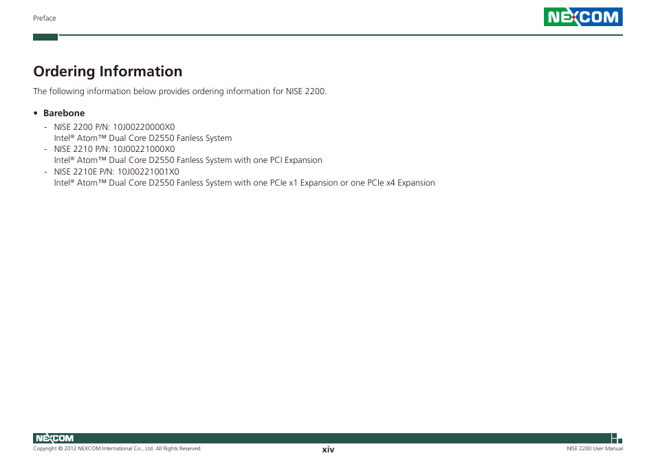Ordering information | NEXCOM NISE 2200 User Manual | Page 14 / 110