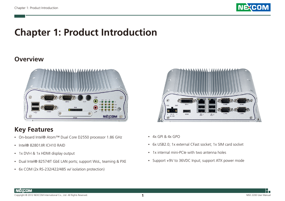 Chapter 1: product introduction, Overview key features, Key features | Overview | NEXCOM NISE 2200 User Manual | Page 15 / 110