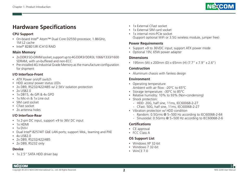 Hardware specifications | NEXCOM NISE 2200 User Manual | Page 16 / 110