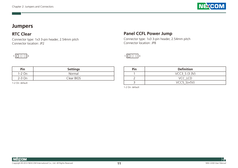 Jumpers, Rtc clear panel ccfl power jump, Rtc clear | Panel ccfl power jump | NEXCOM NISE 2200 User Manual | Page 25 / 110