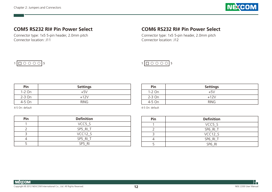 Com5 rs232 ri# pin power select, Com6 rs232 ri# pin power select | NEXCOM NISE 2200 User Manual | Page 26 / 110