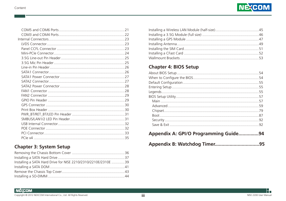 Chapter 3: system setup, Chapter 4: bios setup | NEXCOM NISE 2200 User Manual | Page 3 / 110