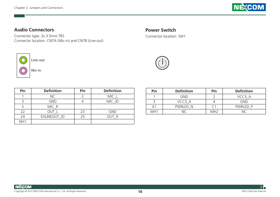 Audio connectors power switch, Audio connectors, Power switch | NEXCOM NISE 2200 User Manual | Page 30 / 110