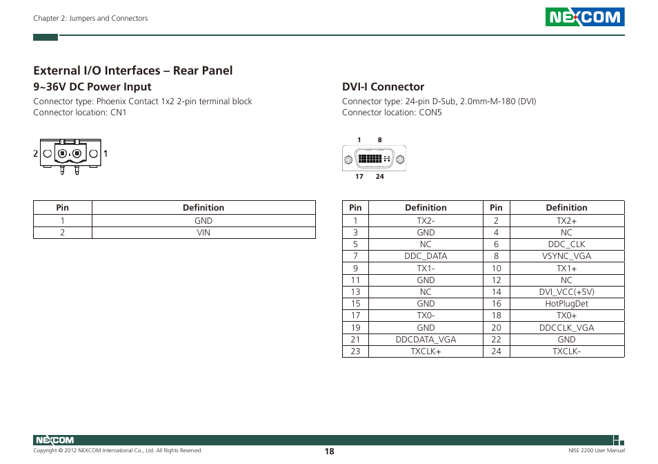 External i/o interfaces – rear panel, 9~36v dc power input dvi-i connector, 9~36v dc power input | Dvi-i connector | NEXCOM NISE 2200 User Manual | Page 32 / 110