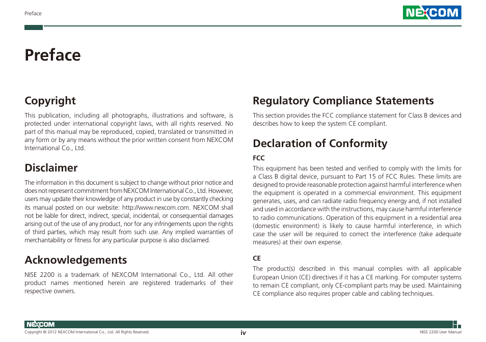 Preface, Copyright, Disclaimer | Acknowledgements, Regulatory compliance statements, Declaration of conformity | NEXCOM NISE 2200 User Manual | Page 4 / 110