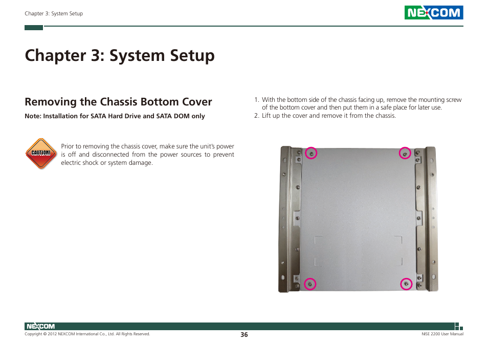 Chapter 3: system setup, Removing the chassis bottom cover | NEXCOM NISE 2200 User Manual | Page 50 / 110