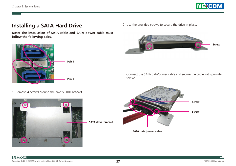 Installing a sata hard drive | NEXCOM NISE 2200 User Manual | Page 51 / 110