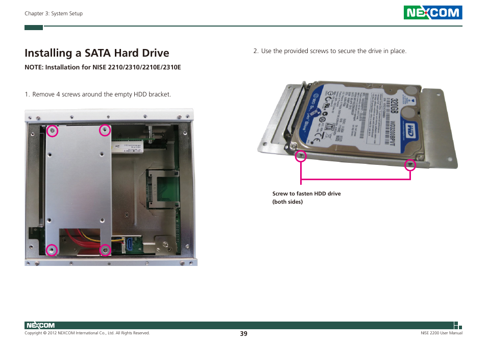 Installing a sata hard drive | NEXCOM NISE 2200 User Manual | Page 53 / 110